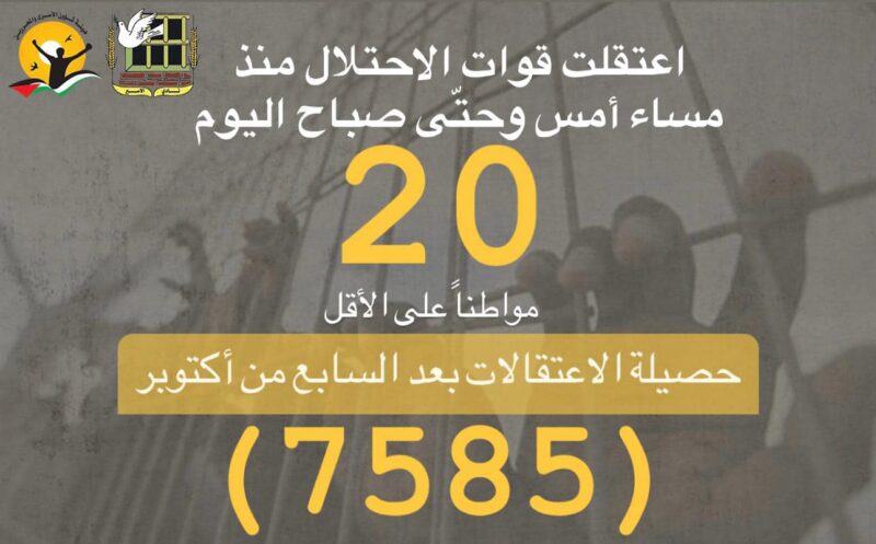 الاحتلال اعتقل 7585 مواطنا من الضفة منذ بدء العدوان