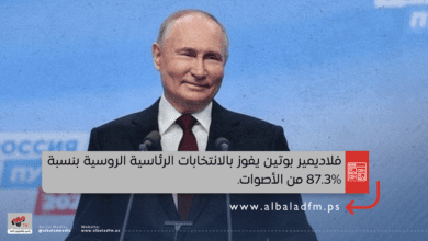فلاديمير بوتين يفوز بالانتخابات الرئاسية الروسية بنسبة 87.3% من الأصوات.