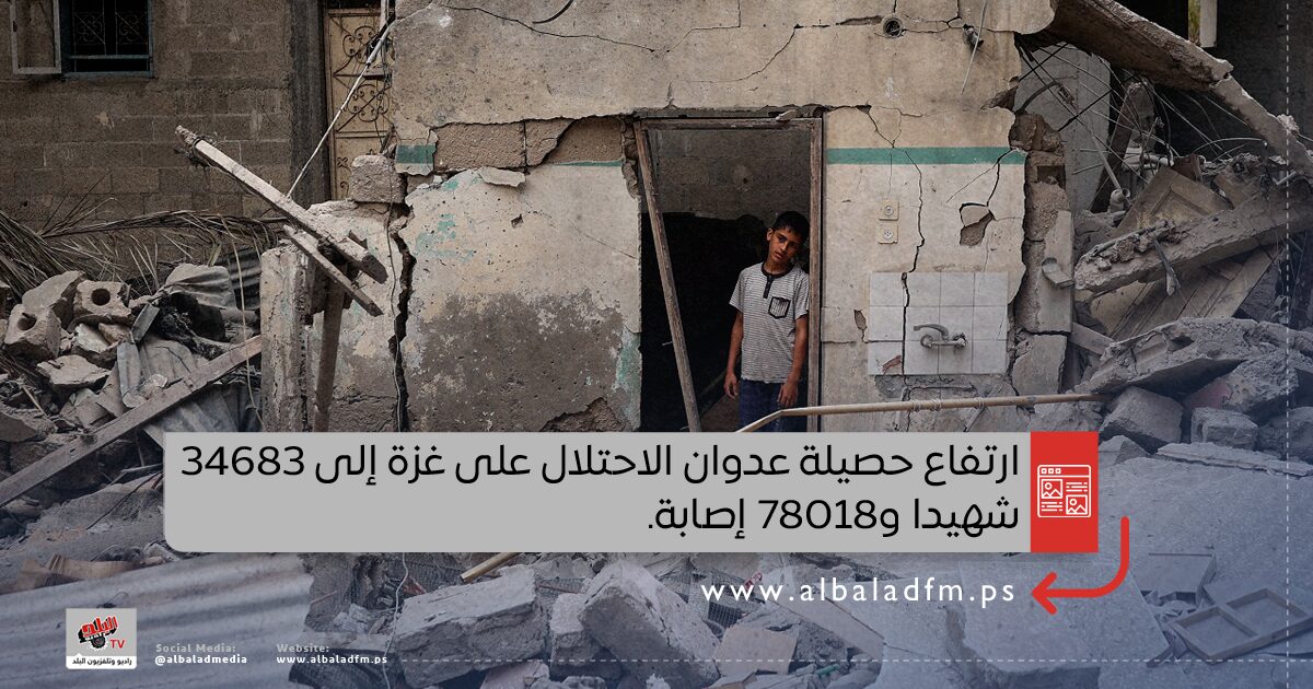 ارتفاع حصيلة عدوان الاحتلال على غزة إلى 34683 شهيدا و78018 إصابة.