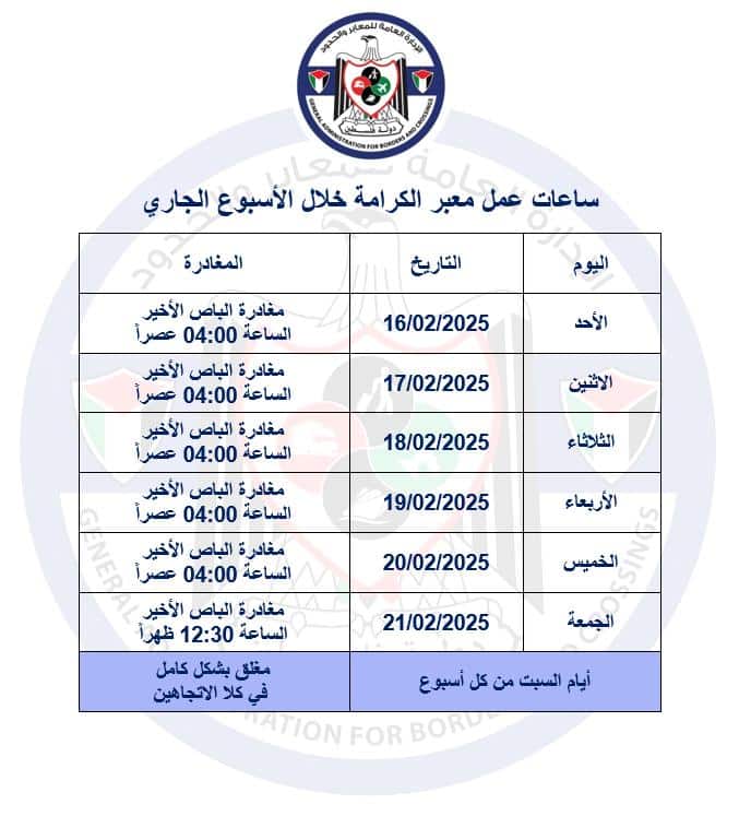 ساعات عمل معبر الكرامة خلال الأسبوع الجاري