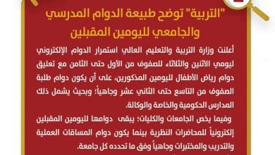 "التربية" توضح طبيعة الدوام المدرسي والجامعي لليومين المقبلين.
